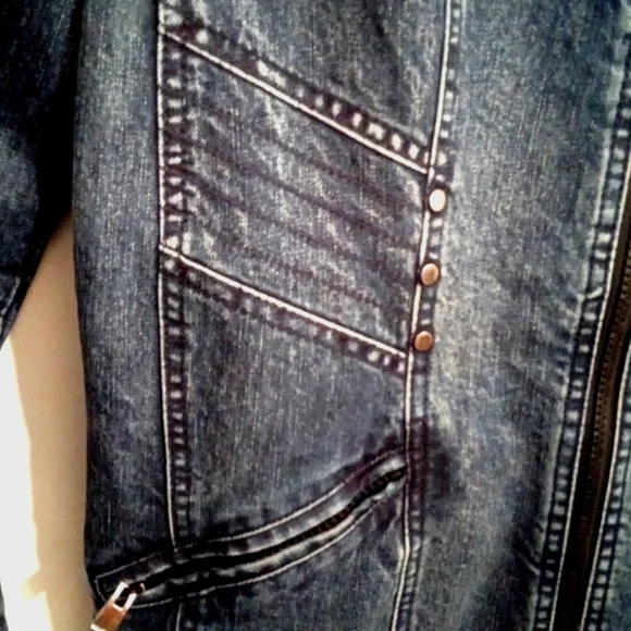 Oxygen Women's Hooded Long Moto Lined Denim Zip Up Jacket Pockets Small - Picture 4 of 14